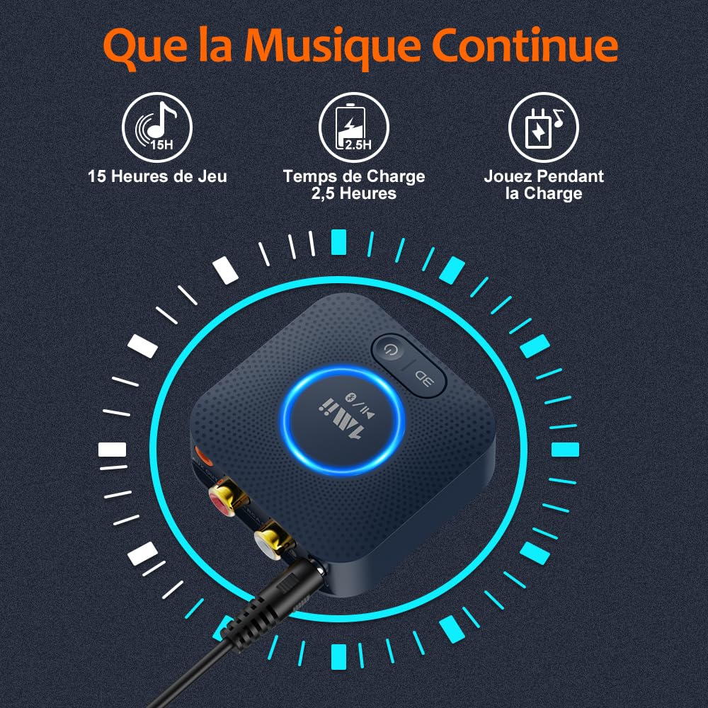 1Mii B06HD HiFi Récepteur Audio Bluetooth 5.3, Adaptateur Bluetooth pour Chaîne Stéréo Domestique, aptX HD Faible Latence, 3D Surround, 15hrs Playtime, RCA 3,5mm AUX Jack