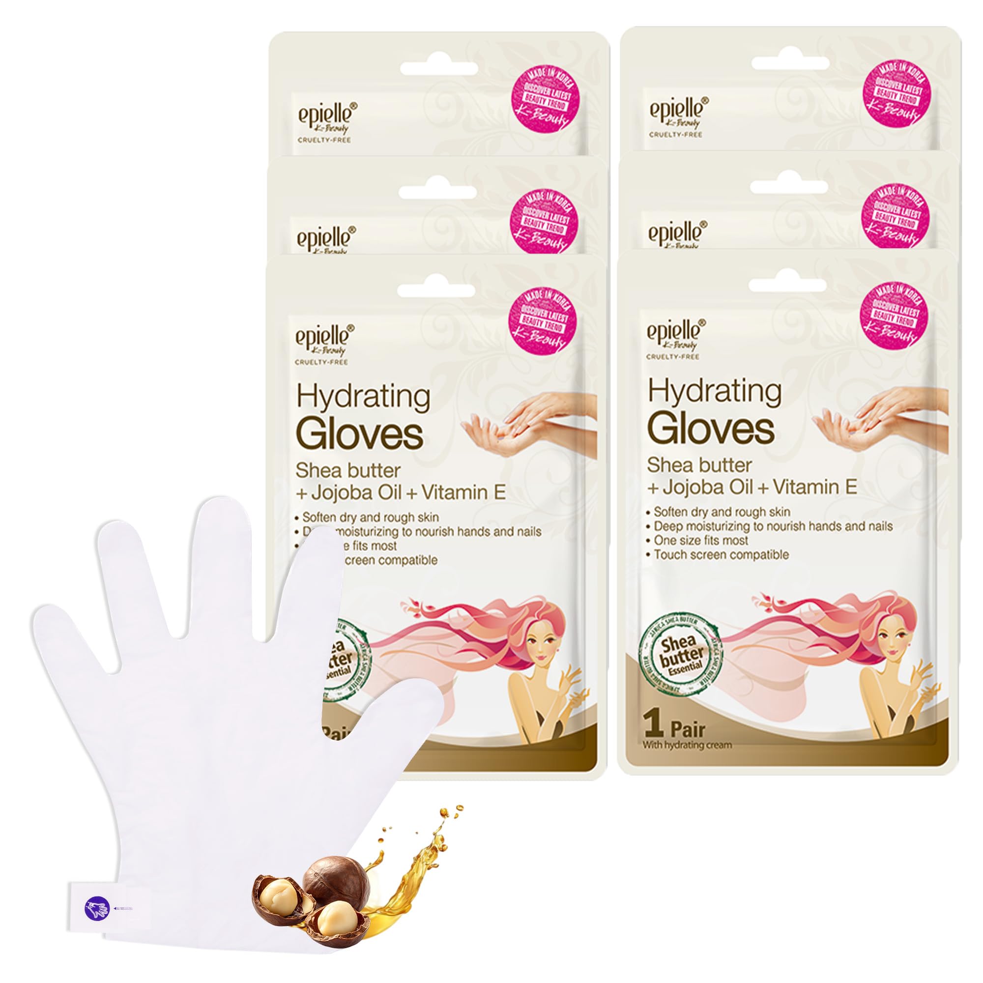 Epielle Hydrating Hand Masks 6 Pairs, Deep Moisturizing Gloves for Dry, Cracked Hands, Relieve and Soften with Shea Butter & Jojoba Oil, Korean Skin Care, Spa Set, Self Care Gifts for Women