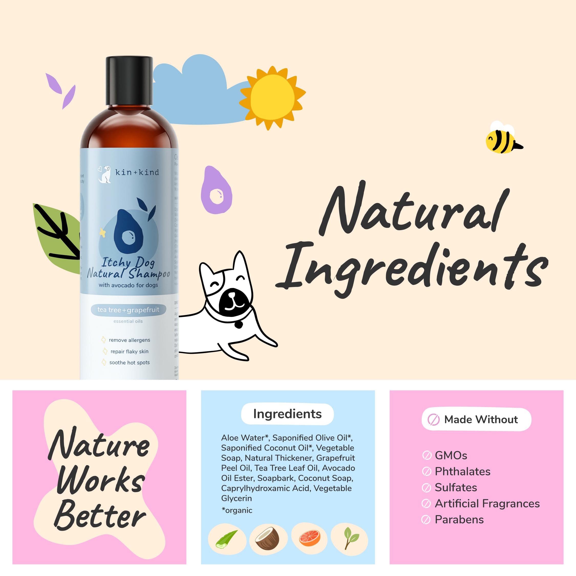 kin+Kind Naturalny szampon dla alergików i leków (354 ml) – łagodne zapalenie, podrażnienie i podrażnienia – bezpieczna, naturalna formuła z oliwą z oliwek, olejem kokosowym, drzewem herbacianym i