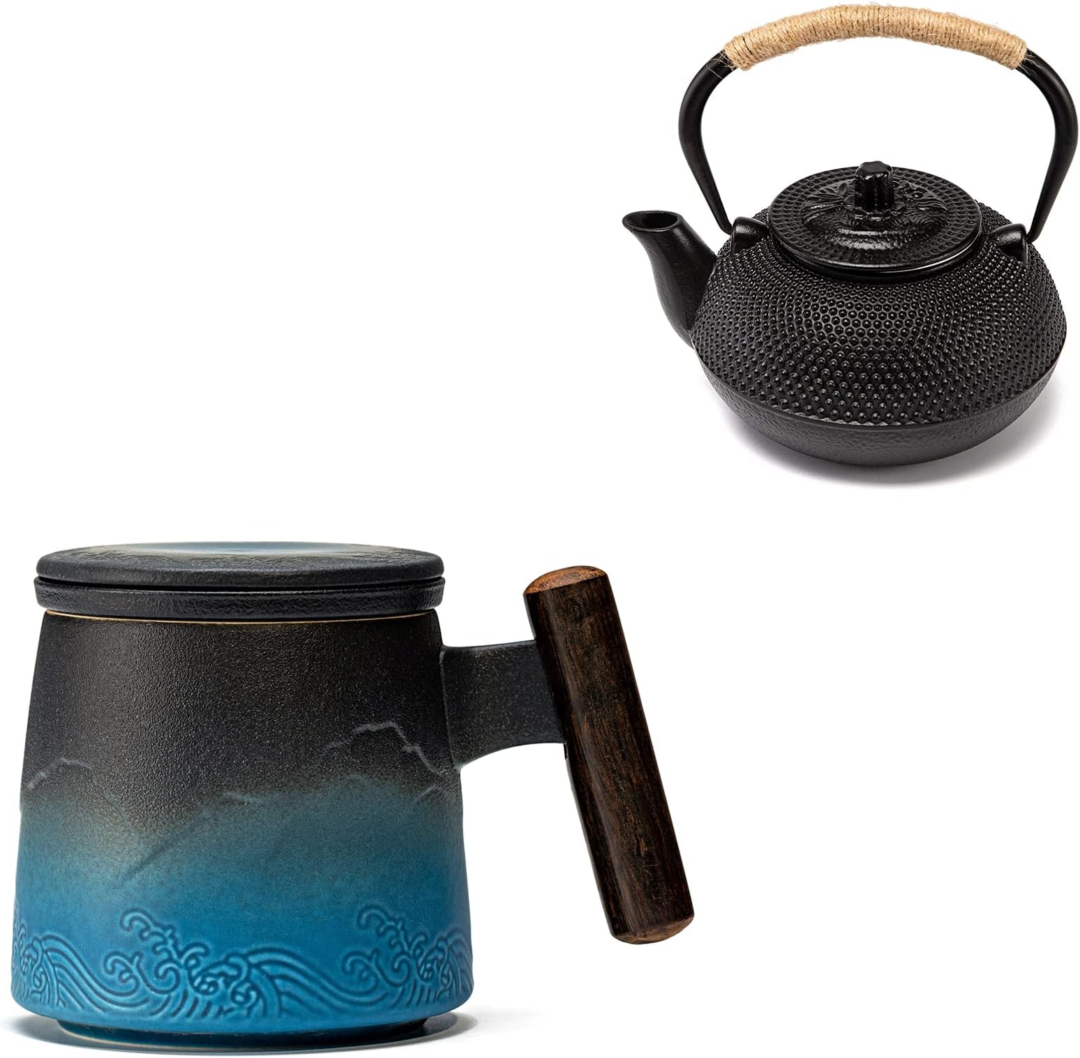suyika Ceramic Tea Cup with Infuser and Lid Tea Mugs Wooden Handle for Steeping Loose Leaf Tea 400ml, 13.5 oz, Gradient Navy Blue & Black