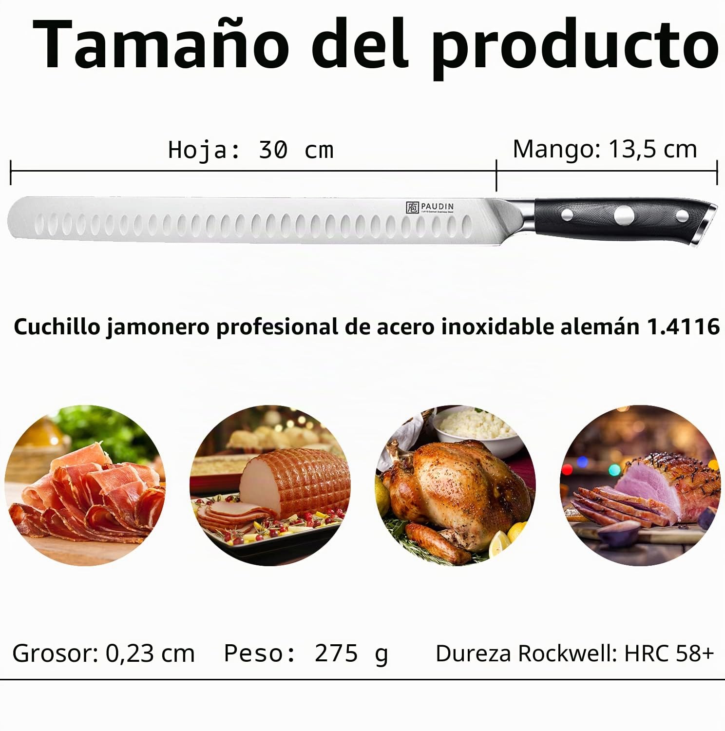 PAUDIN Cuchillo para Jamón 30cm, Cuchillo de Corte, Hoja Profesional de Cocina de Acero Inoxidable Alemán, Cuchillos de Chef Adecuados para Asados Ahumados, Pavo, Salmón, Pan