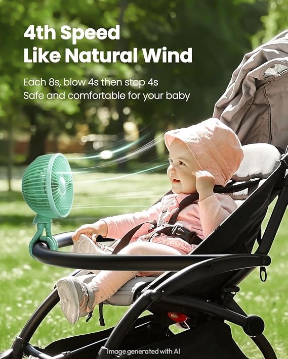 Gaiatop Oscillating Baby Stroller Fan with LED Lights, Rechargeable Green