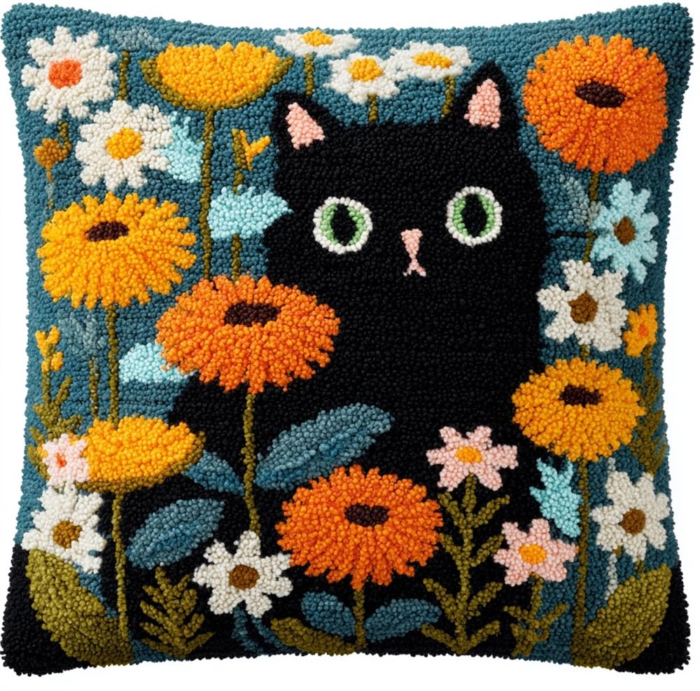 kitphoenix Latch Hook Kit,Black Cat and Flowers