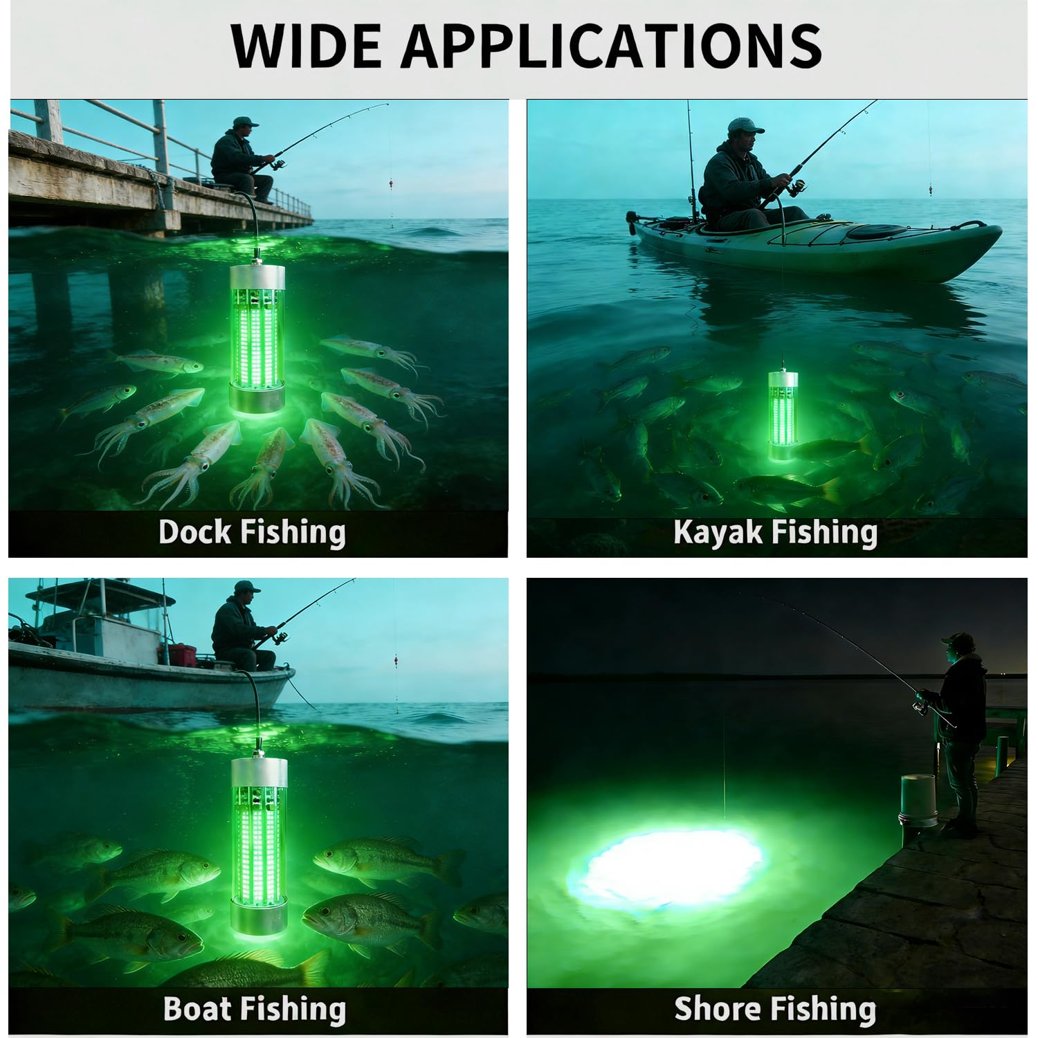 Luces de pesca subacuáticas para exteriores, superbrillantes, 12 V, 30 W, 70 W, 100 W, 6000-12000 lm, IP68, impermeable, luz LED verde, luz de pesca sumergible para pesca nocturna con cable