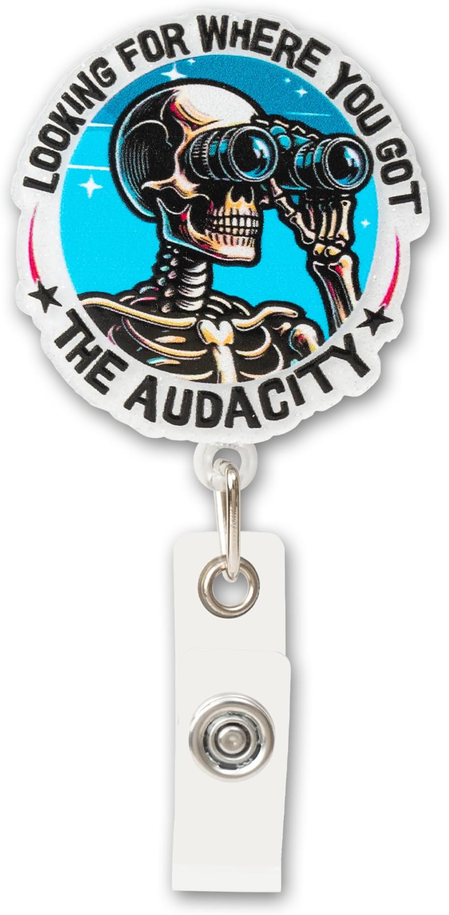 Funny Skeleton Badge Reel – “Looking for Where You Got The Audacity” Retractable ID Holder for Nurse RN CNA LPN LVN Doctor Student, Humorous Nursing Badge Clip, X-Ray Tech Badge Buddy