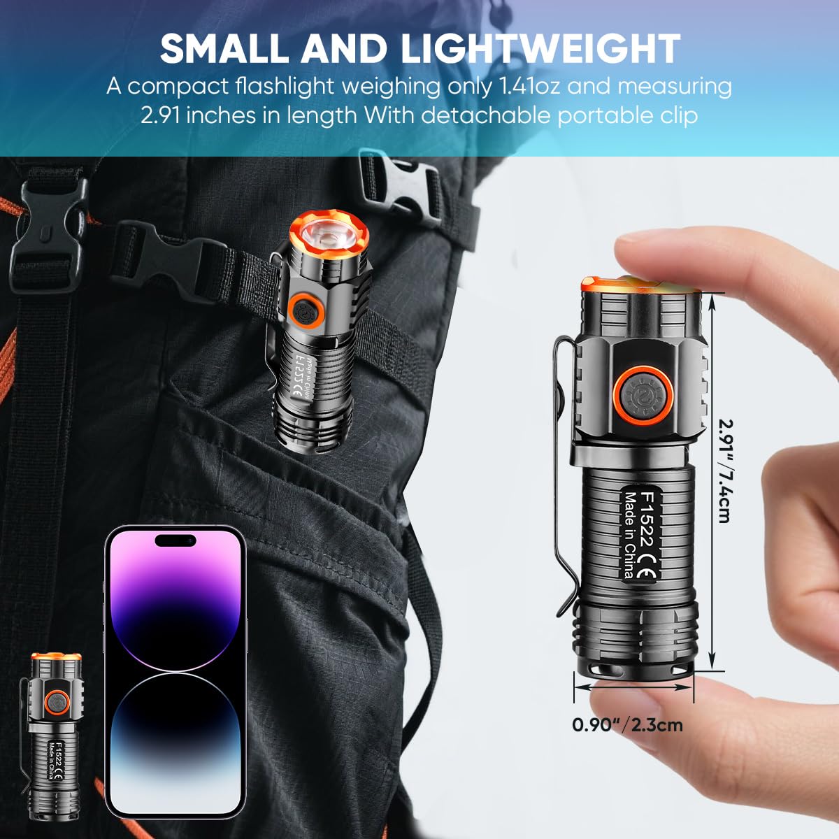 Lot de 2 lampes de poche rechargeables EDC 800 lumens, ultra lumineuses, compactes, étanches et magnétiques, idéales pour le camping, la randonnée, l'extérieur et l'utilisation d'urgence