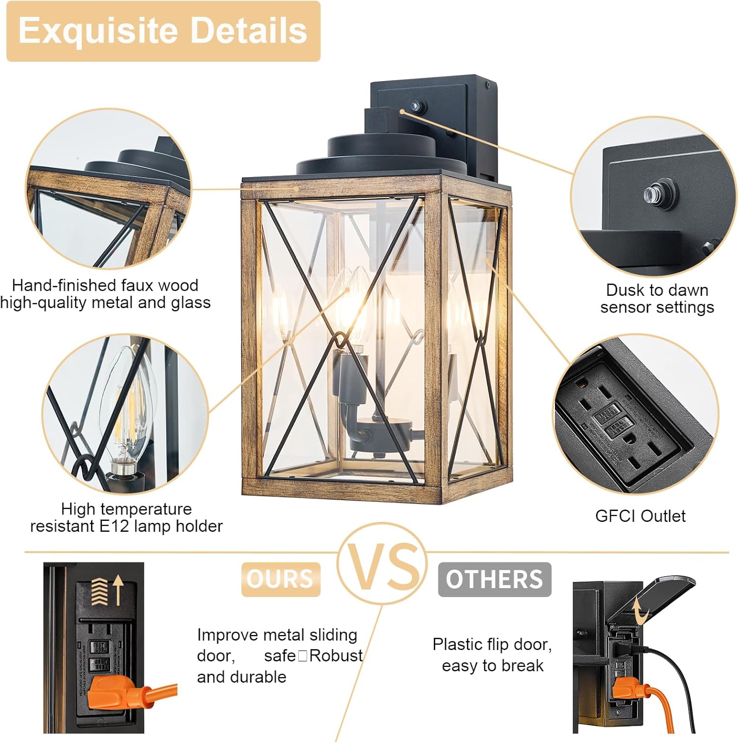 Extra Large Outdoor Wall Lights, 3-Light Dusk to Dawn Outdoor Porch Light with GFCI Outlet, Retro Exterior Lights with Clear Glass Front Porch Lanterns, Outdoor Wall Sconce Lighting, Outside Lights