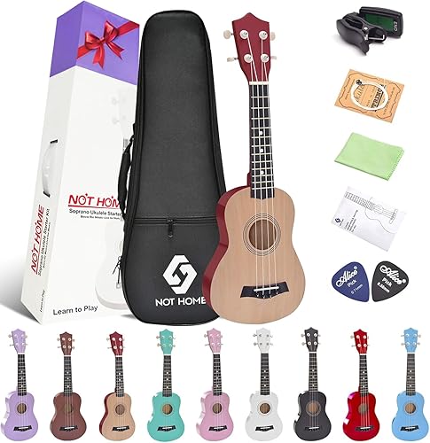 Miniatura 28 de Ukelele soprano para principiantes, juego de iniciación de ukeleles de madera de tilo de 21 pulgadas con bolsa de gig sintonizador digital, cuerdas