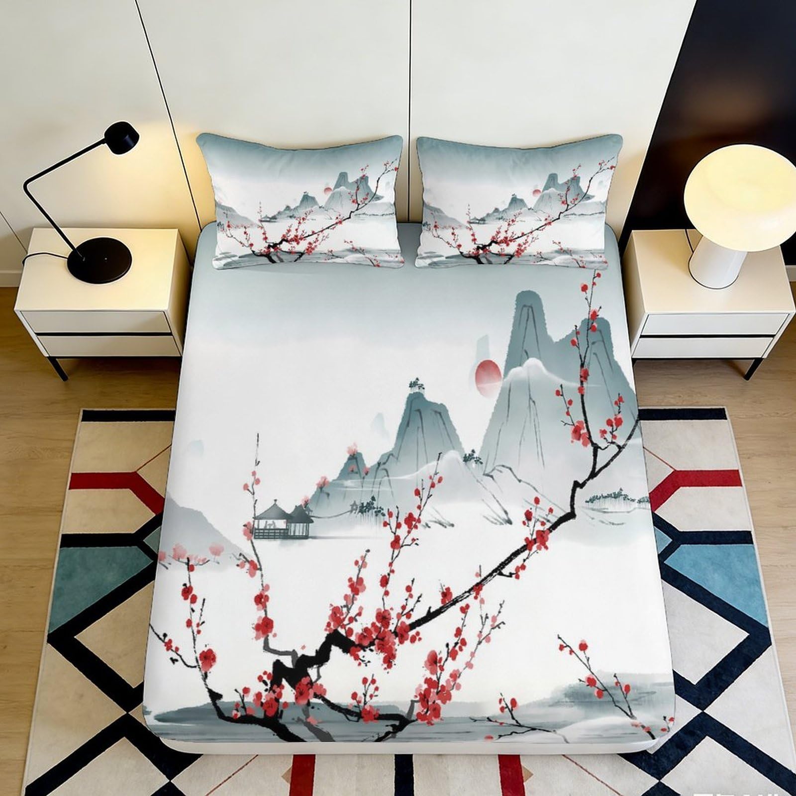 Pnayamiorkfel Style-2 3D Printed Chinese Landscape Fitted Sheet Microfiber Red Plum Blossom Bed Cover Art Bedroom Decor Mattress Protection 90X200x25cm
