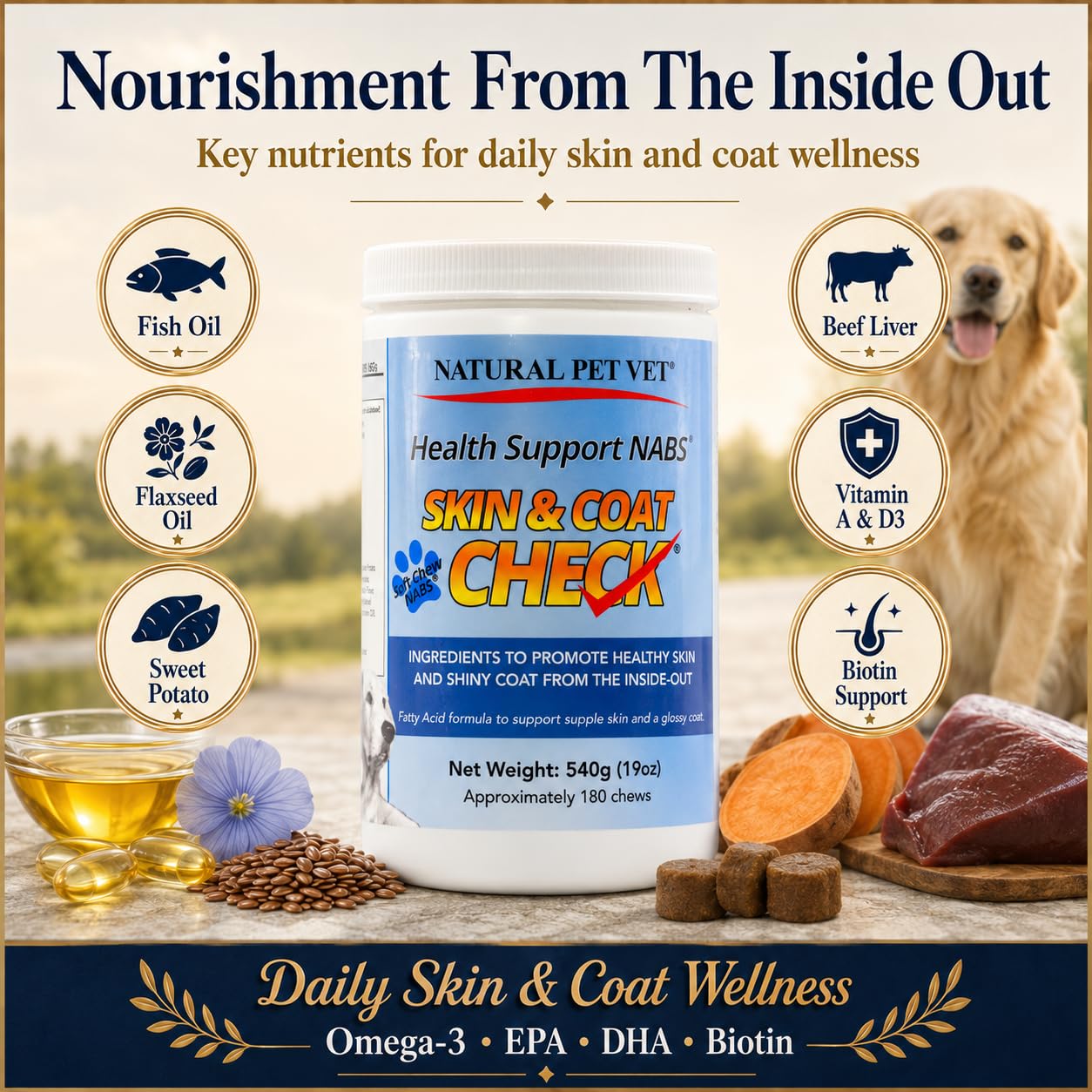 The Natural Pet Vet Skin & Coat Check Soft Chews for Dogs with Omega-3, Fish Oil, Biotin, EPA & DHA, 180 Count — Amazon image 4