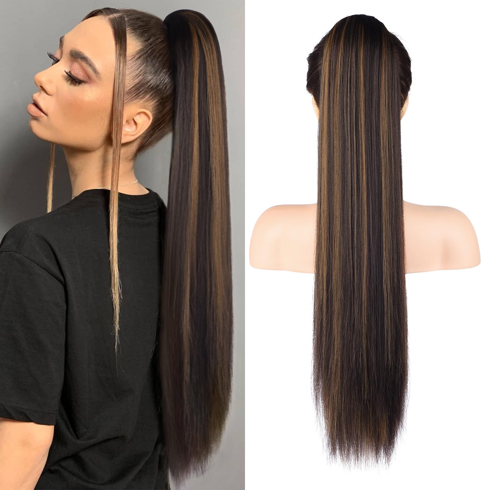 REECHO Ponytail Extension, 28" Long Straight Drawstring Pony Hair Extension Synthetic Pony Tail Hairpiece for Women