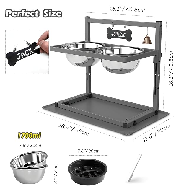 Foto 3 de 6 de SHAINFUN Soporte elevado gris para cuenco para perros con dos cuencos de acero inoxidable de 1700 ml