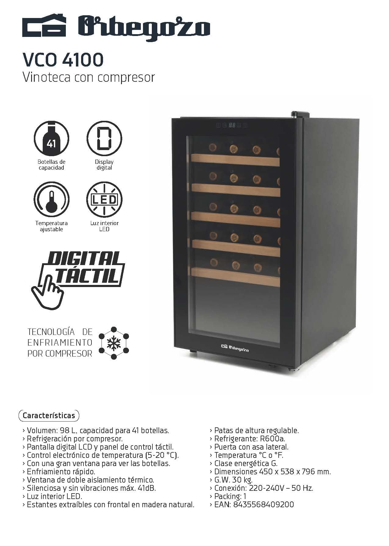 Orbegozo Vinoteca para vinos VCO 4100, 41 botellas, 98 litros, refrigeración por compresor, negro.
