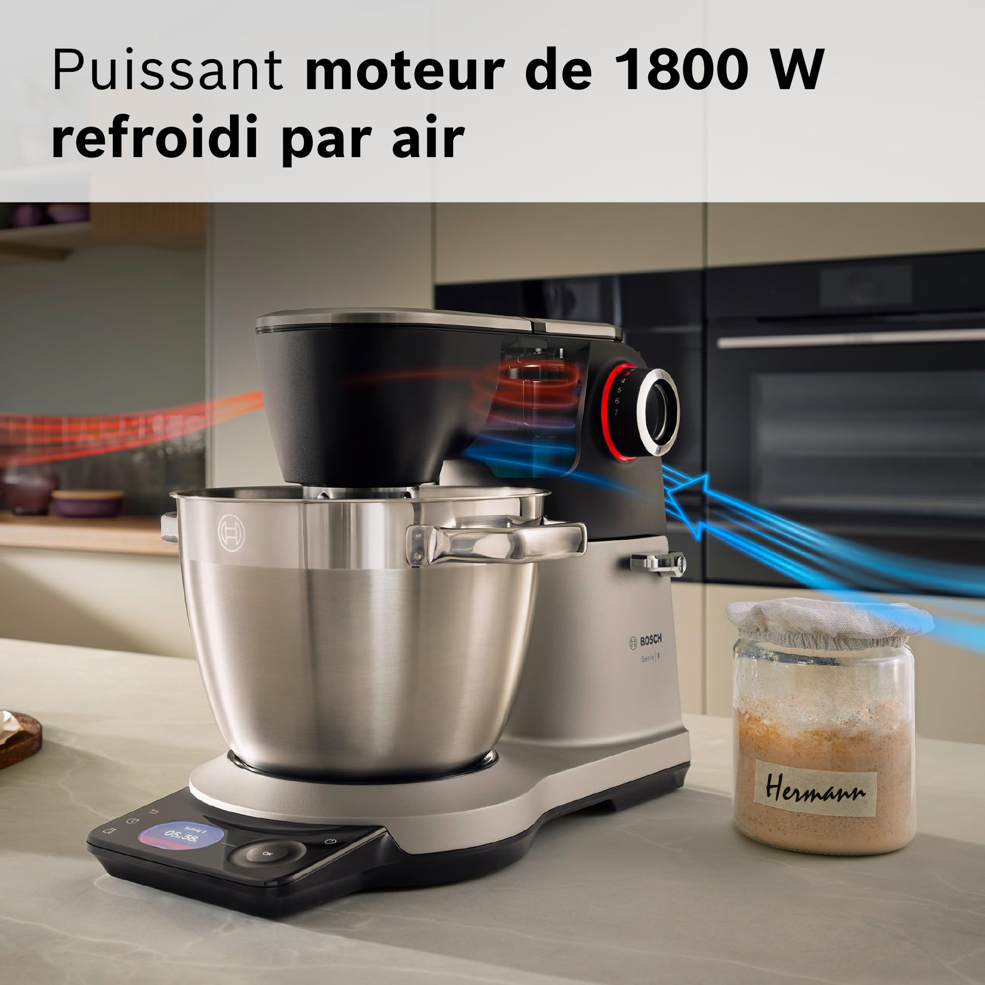 Bosch Robot pâtissier Série 8, avec balance intégrée, moteur 1800 W refroidi par air, mélange homogène 3D, set pâtisserie, bol 6,0 L, bol supplémentaire 5,3 L, châssis en métal noir/argent, MUMS8ZS18