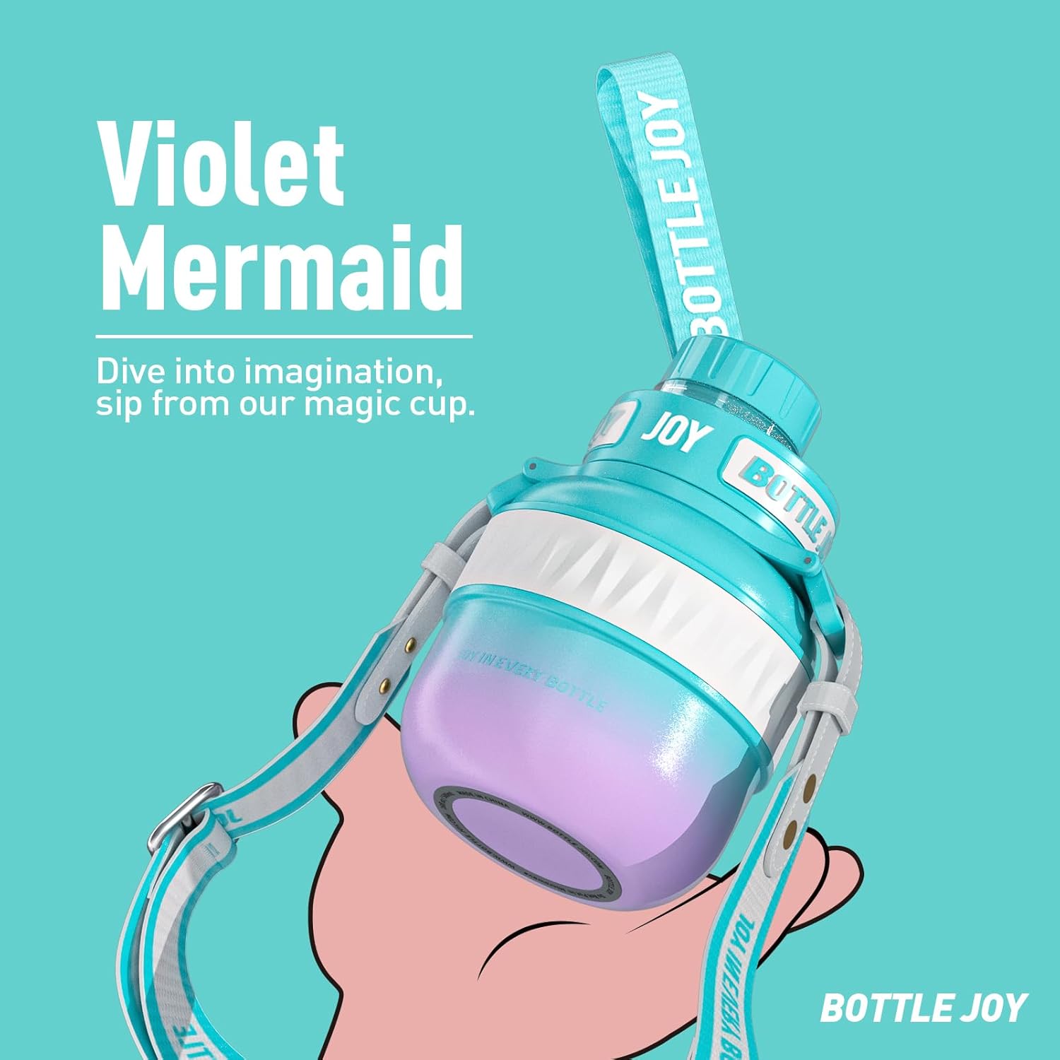 BOTTLE JOY Stainless-Steel Water Bottle: Kids Water Bottle,Leakproof Lid, Perfect Sip, Double Insulated, Eco-Friendly, Dishwasher Safe & Stylish Strap, Gifts for Kids (Violet Mermaid, 16 oz)