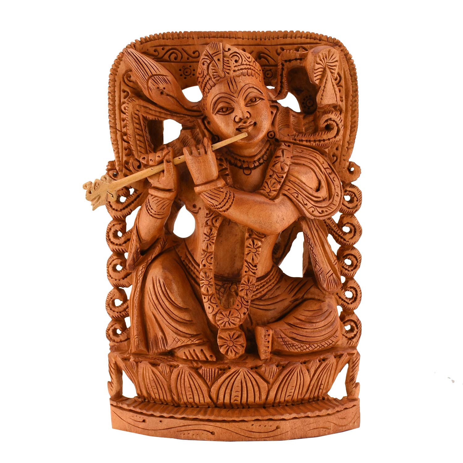 Shoppers Point® Wooden Krishna Idol Playing Flute Sitting on Lotus for Gift and Home Decor (ISPWDN5)
