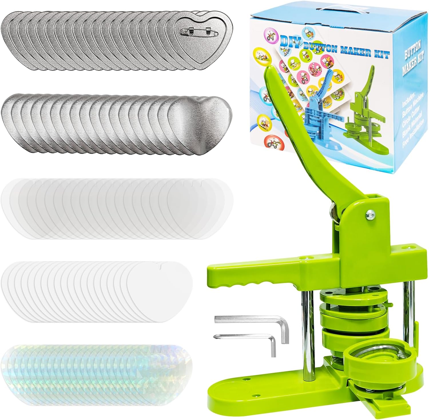 Button Maker Machine Multiple Sizes 1.25" +2.25" Heart+3" Pin Badge Maker Machine Interchangeable Die Molds with Cutting Mat Circle Cutter, Refills for DIY Button Badge 32mm+58mm+75mm
