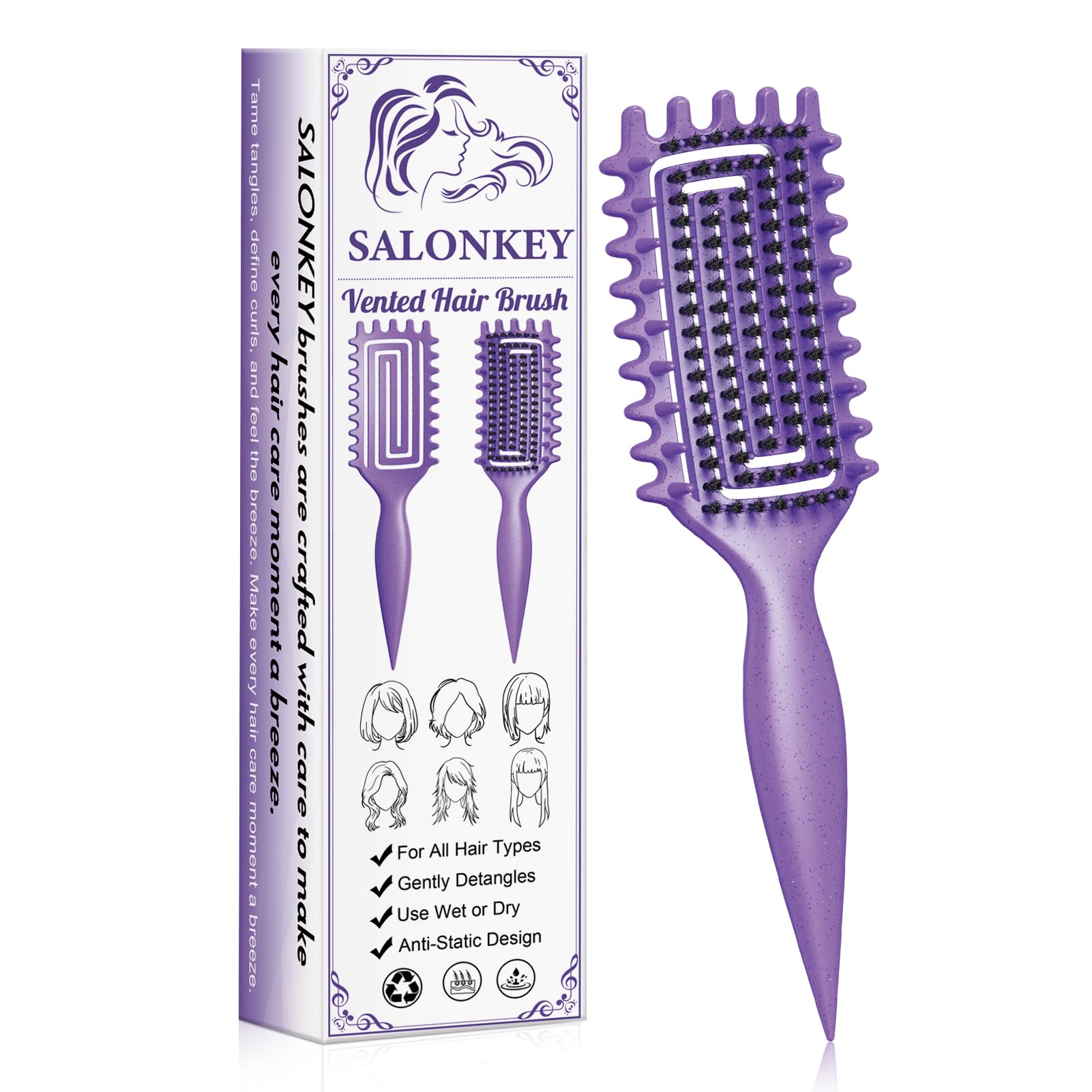 Lockenbürste für Locken, sanftes Entwirren & Styling ohne Ziepen, ergonomischer Griff, antistatisch, geeignet für Damen, Herren & Kinder, auch als haarbürste (Lila)