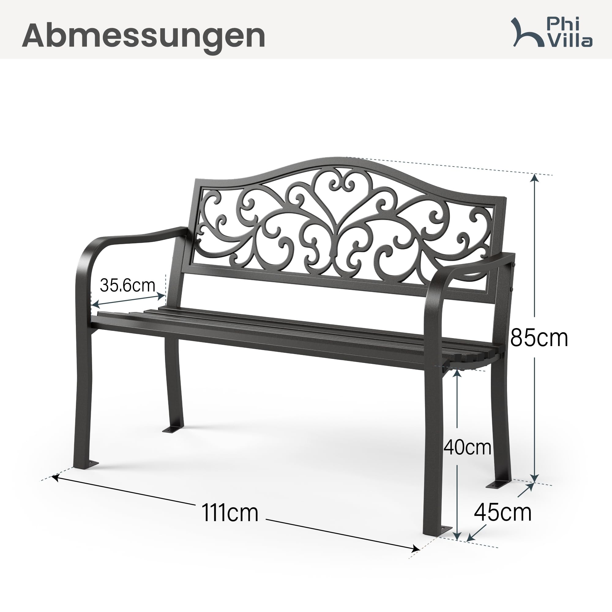 PHI VILLA 111 cm Gartenbank Floralem Metall Rückenlehne aus Gusseisen Stahlrahmen 2-3 Sitzer Bank Outdoor Wetterfest für Park, Vorgarten und Terrasse Schwarz