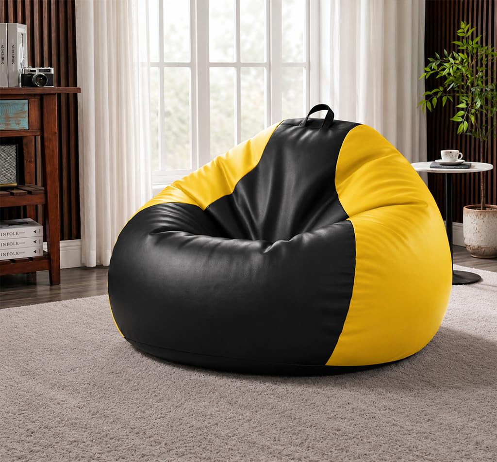 Sattva Classic 4XL Sofa Style Bean Bag Chair with Beans Filled | Faux Leather Teardrop Bin Bags for Adults | Beanbags with Beans Filling | Pre-Filled Beans Bag for Home & Office (Black & Yellow)-picture-10