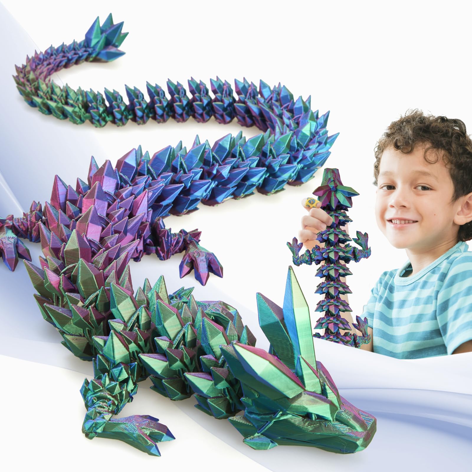 Large 3D Printed Dragon,30 Inch 3D Dragon Toys,Bigger Fidget Crystal Animals Toys, 3D Printed Articulated Animals for Home Office Car Desk Decor(Blue Green Purple)