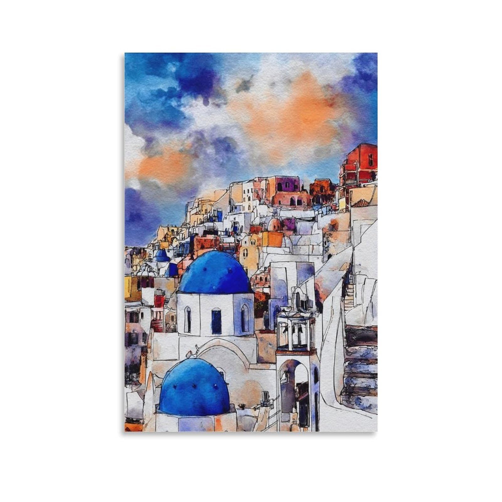 Lcynnh Unframe-Style Santorini Greece 20X30inch(50X75cm) Vintage Travel Poster Watercolor Canvas Art