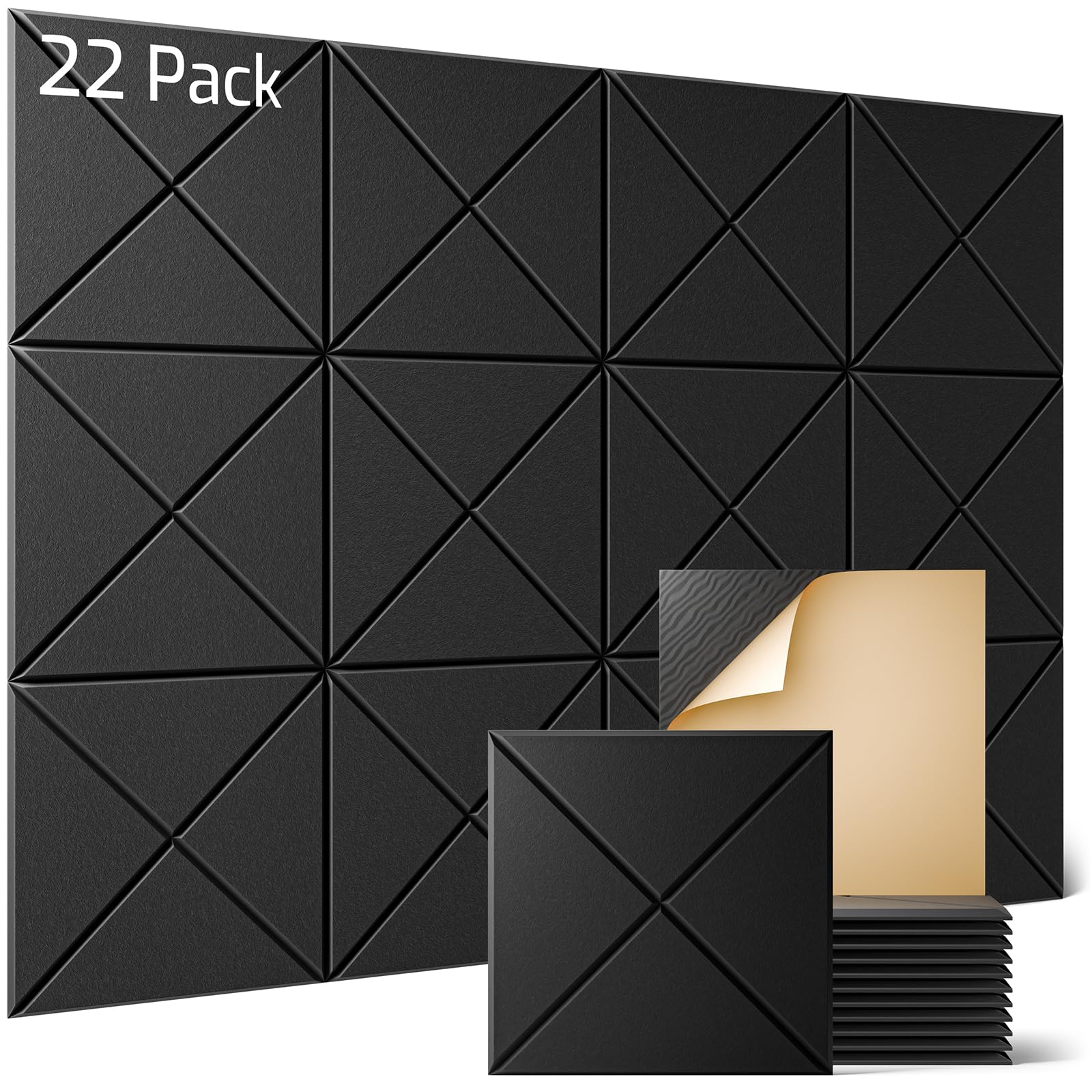Sonicism Paquete de 22 paneles acústicos forrados en X con autoadhesivos, paneles de espuma a prueba de sonido de 12 x 12 x 0.4 pulgadas, paneles decorativos de pared insonorizados, azulejos