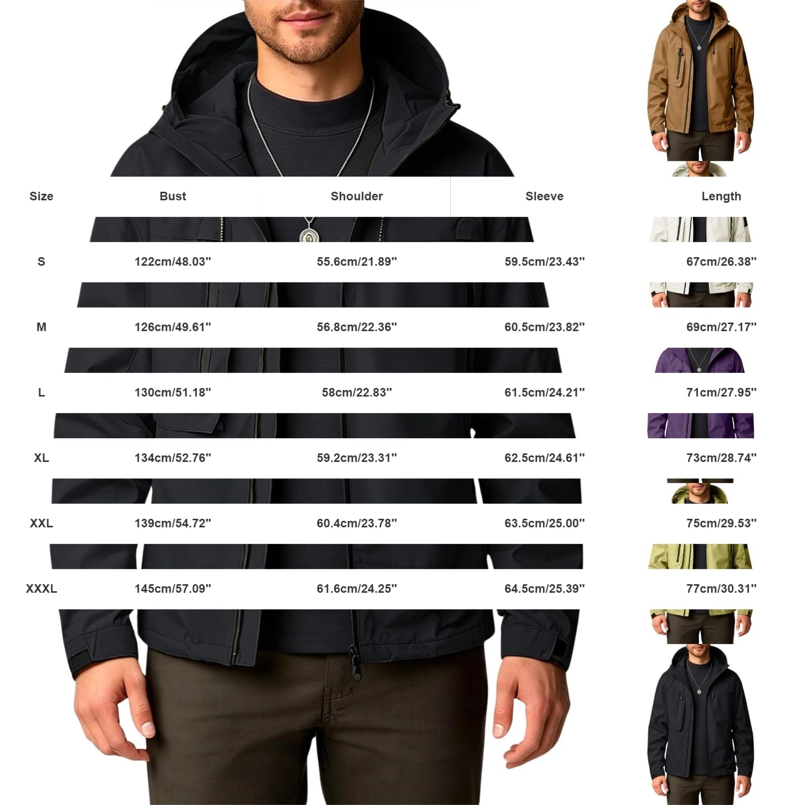 Generico Giacca a Vento Uomo Leggera con Cappuccio Stile Cargo Adatta Campeggio Pesca Ciclismo Escursioni e Viaggi Tessuto Impermeabile Traspirante Jacket