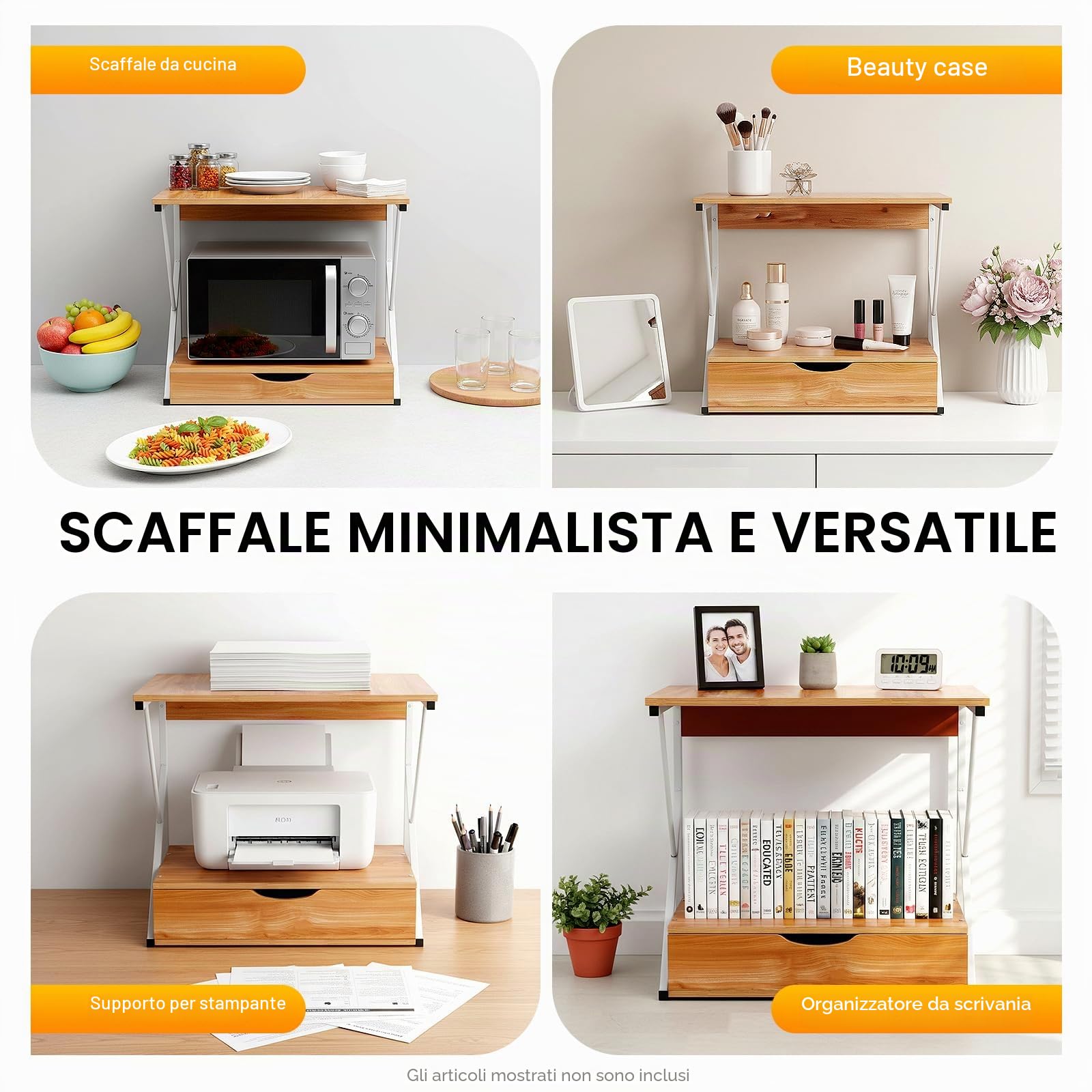 Scaffale per microonde a due piani, in legno con cassetto e capacità di carico di 10 kg, in MDF e ferro, 54 x 35 x 50 cm, design aperto, sufficiente spazio di archiviazione, robusto organizer da