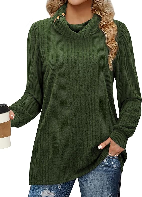 Bulotus Women's Turtleneck Tunic Sweaters Long Sleeve Ribbed Knit Comfy Loose Casual Fall Sweater