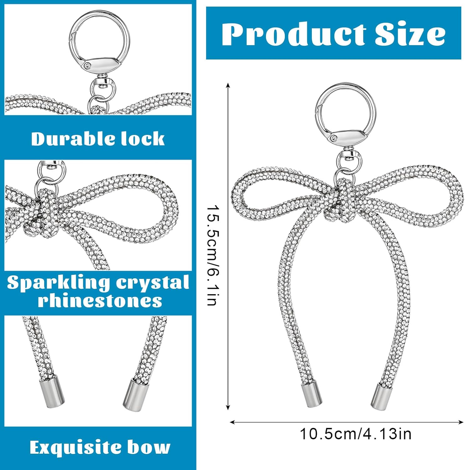 Silver Bow Keychain, Bling Bowknot Keyring Charm Rhinestone Bow Bag Charm Bow Purse Charm Key Ring Bow Charm for Women - Image 6