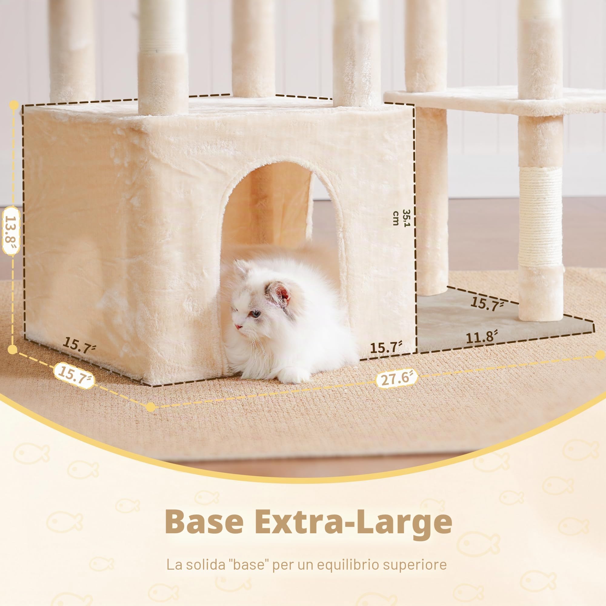 Heybly Tiragraffi per Gatti, 120cm Torre Alta Interna per Gatti Adulti, con Ampia Base e Casa Appartamento, Mobili Morbidi Multilivello con Graffiatoio, Amaca, Pallina da Gioco, Beige HCT026M
