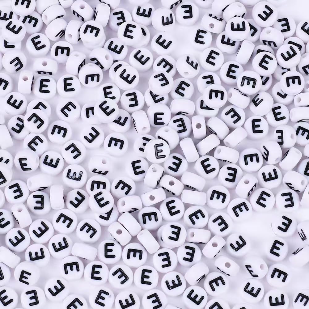 300Pcs Letter E Beads for Bracelets,4x7 mm White Bulk Round Acrylic Alphabet Beads for Jewelry Making DIY Decoration Accessories Stuff
