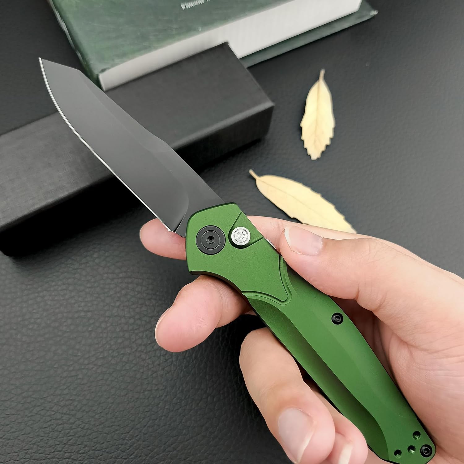 HUAAO 7.7” Manually Button-Lock Pocket Knife, Folding Knife with Reversible Pocket Clip, 3.14” D2 Blade and Green Aluminum Alloy Handles, Outdoor Survival Knife EDC Hunting Tool