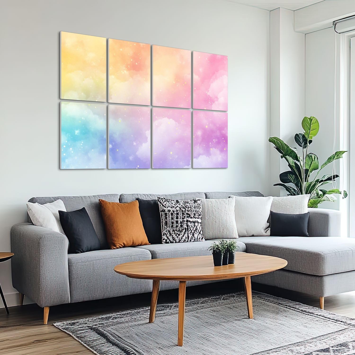 8 Pack Art Acoustic Panels Sound Absorbing Bright Pastel Rainbow Gradations Yellow Gold Pink Cyan Purple Clouds Decorative Soundproof Wall Panels Self Adhesive for Recording Studios Office 48"x32"