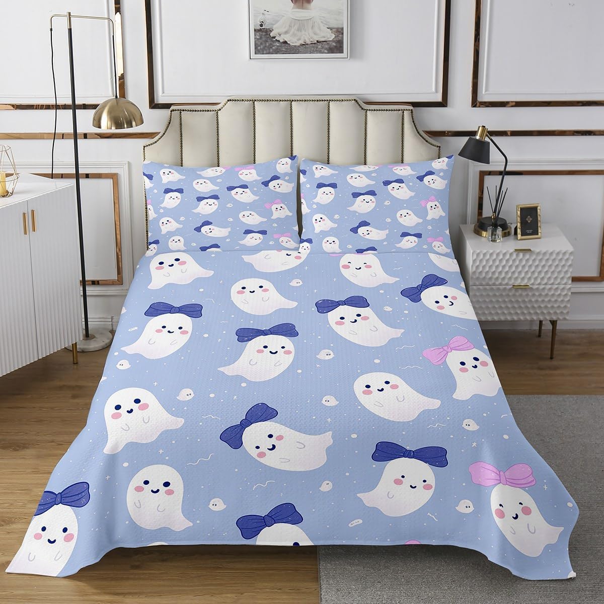 Happy Halloween Bedspread Queen Size,Ghost Pumpkin Bat Bedding Set for Kids Boys Girls Room Decor,Spider Web Tree Branch Quilt 3Pcs,Halloween Horror Animal Coverlet Set,2 Pillowcases