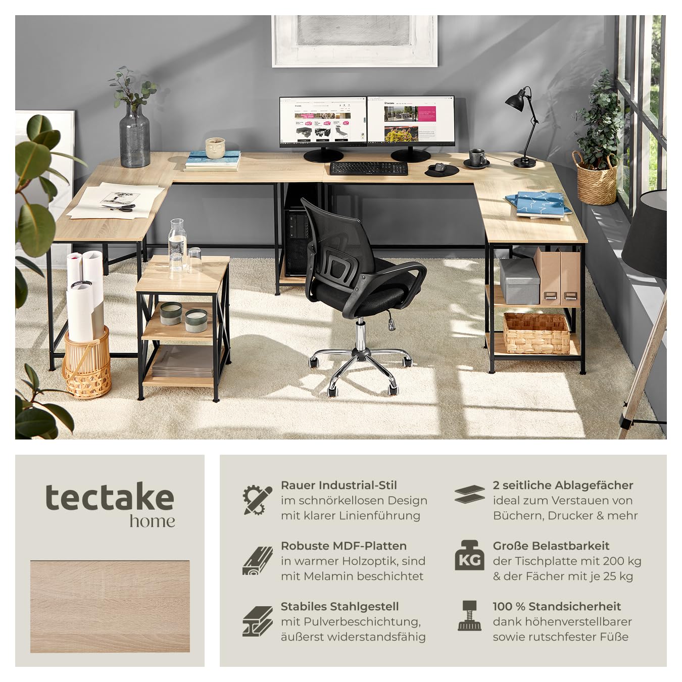 tectake® Schreibtisch L Form, Eckschreibtisch mit Monitoraufsatz, Industrial Schreibtisch, Gaming Tisch, Computertisch, für Home Office, Büro - 138x138x75,5cm - Industrial Holz hell, Eiche Sonoma