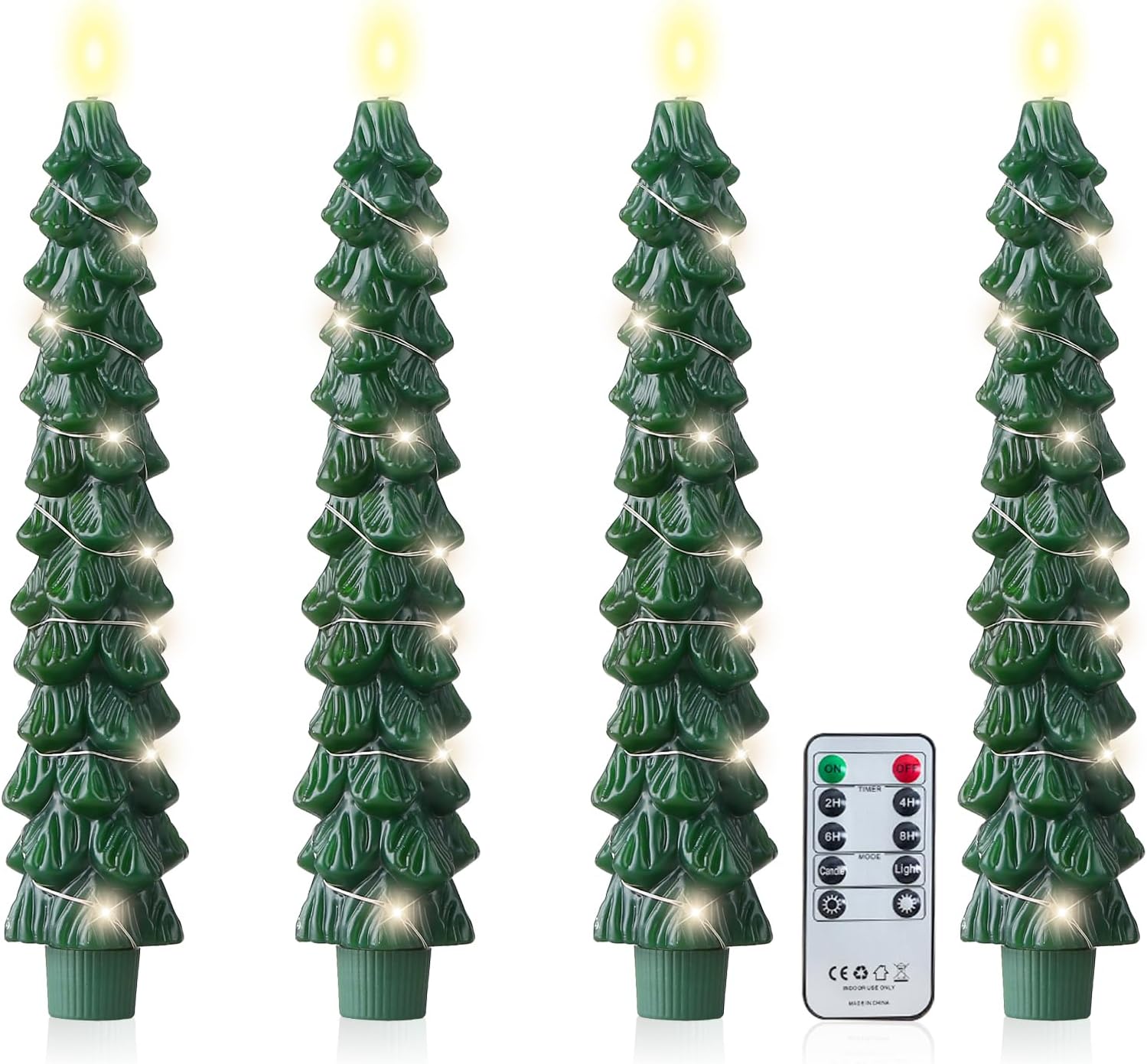 QCCX 4Pcs Christmas Tree Candles with Remote, Flameless Taper Candles Operated with String Lights & Timer, Christmas Decorations for Xmas Eve Gift Holiday Party, Automatically Cycles on After Timer