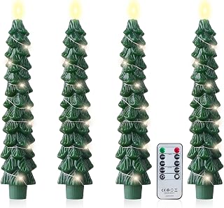4Pcs Christmas Tree Candles with Remote, Flameless Taper Candles Operated with String Lights & Timer, Christmas Decorations for Xmas Eve Gift Holiday Party, Automatically Cycles on After Timer