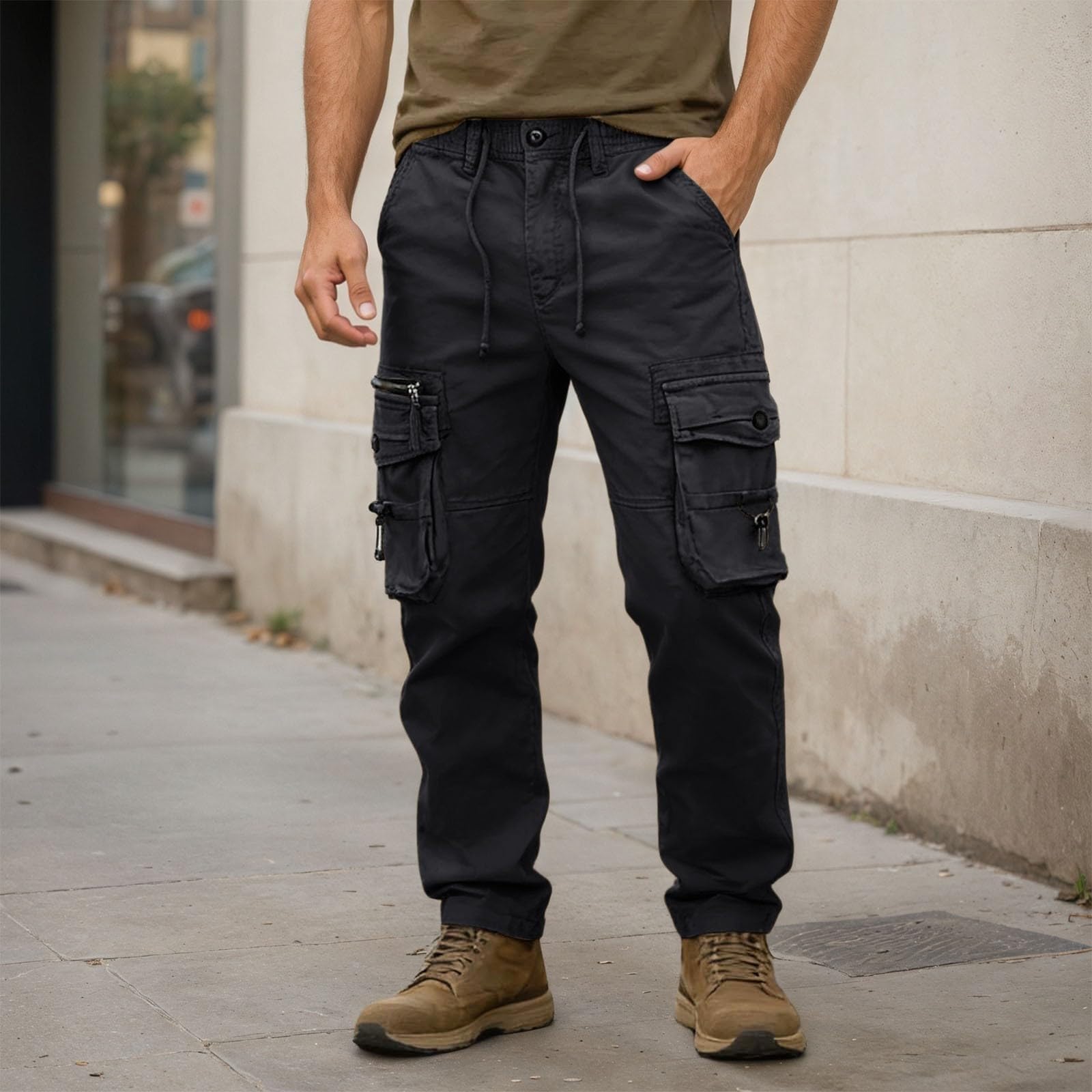 Herren-Cargohose, leger, Baumwolle, Wanderhose für Herren, gerades Bein | Arbeitshose mit mehreren Taschen, Kordelzug an der Taille, Outdoor-Wanderhose, bequem, langlebig, Freizeithose