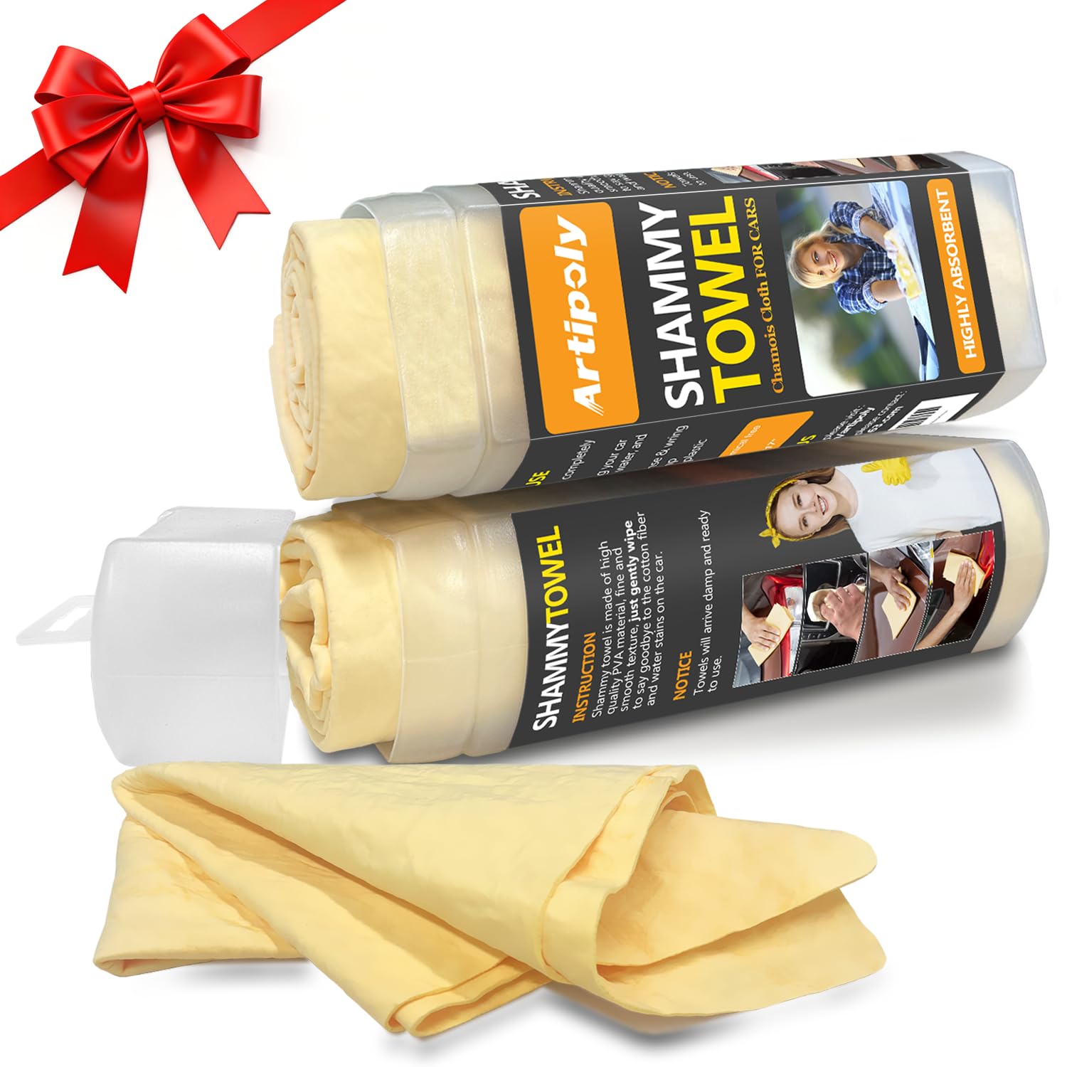 ARTIPOLY Premium Shammy Cloth for Car Drying 2pk (26”x17”)-Super Absorbent Chamois Towel for Car-Reusable Shammy Towel for Car, Bathroom,Pets, Dust Remove, No Spots/Streak/Scratch