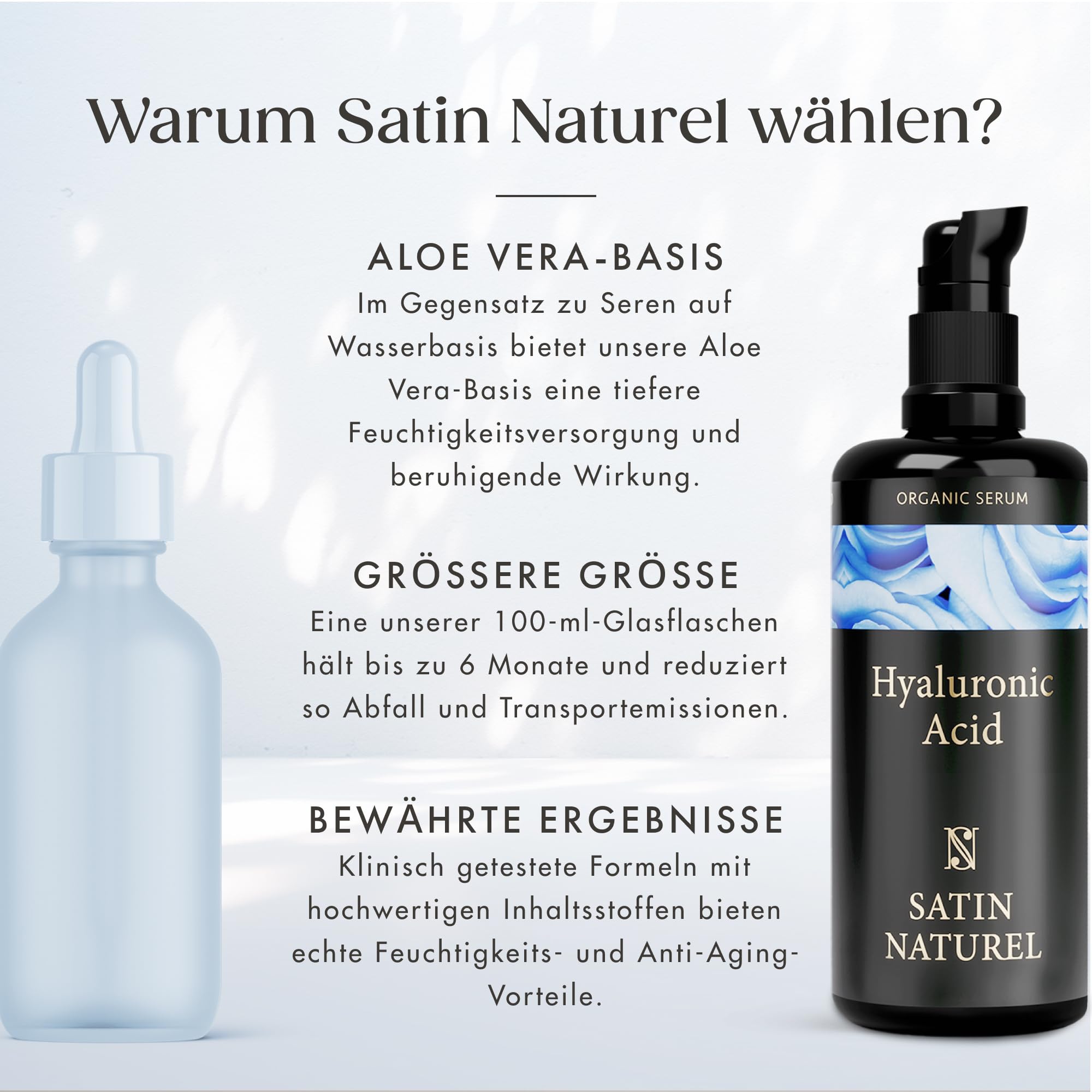 Satin Naturel Hyaluron Serum Hochdosiert 100ml – Bio Hyaluronsäure Serum Gesicht – Anti-Aging Feuchtigkeitsserum – Vegan – 24h Feuchtigkeit – Gesichtspflege für Frauen und Männer