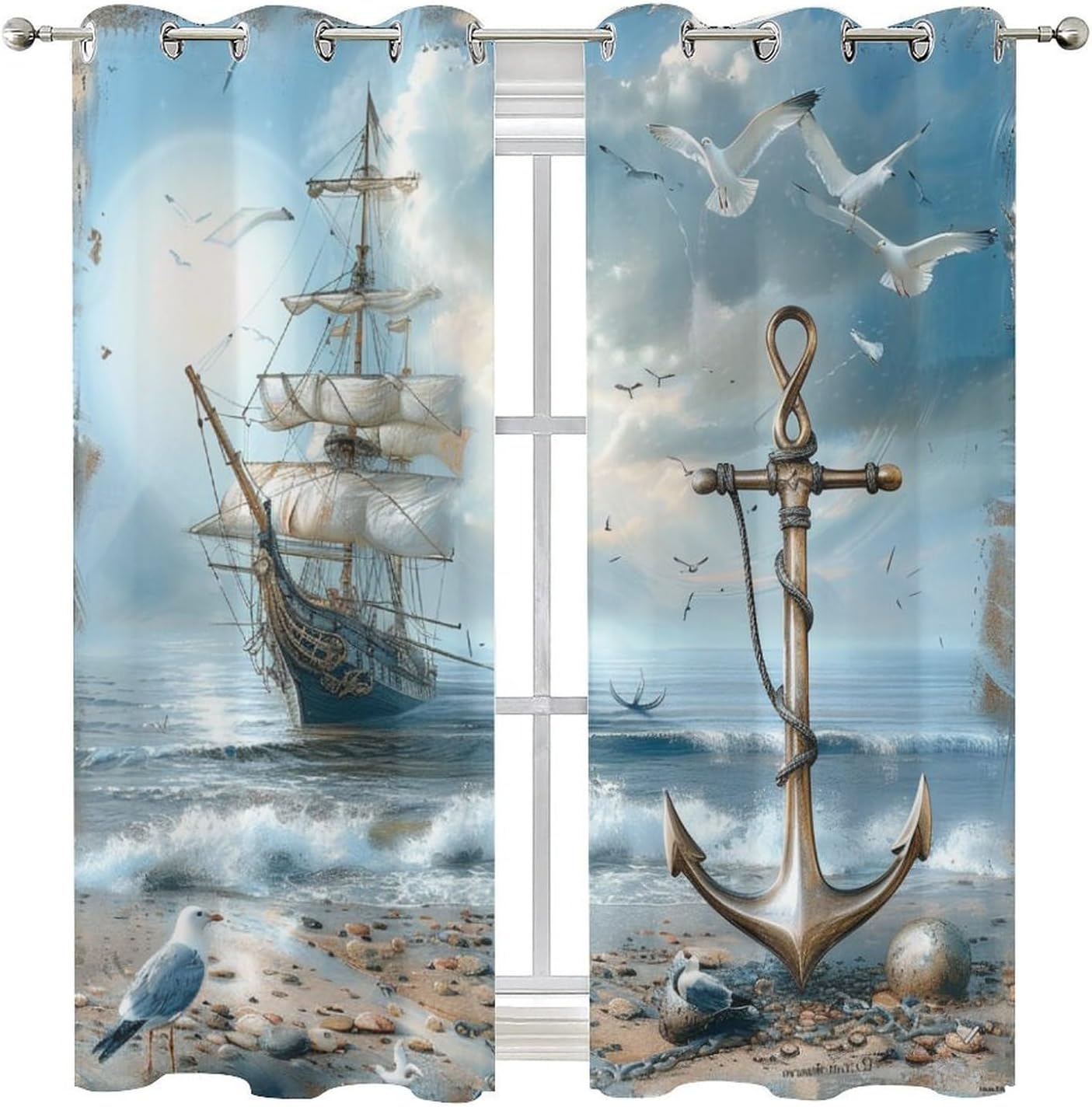 Watercolor Nautical Theme Anchor Perforated Curtains Top Grommets Curtain,Abstract Beach Sea Animals Seagulls Pirate Ship Prints Curtains Blackout Curtain-2 Panels 45" L x21 W