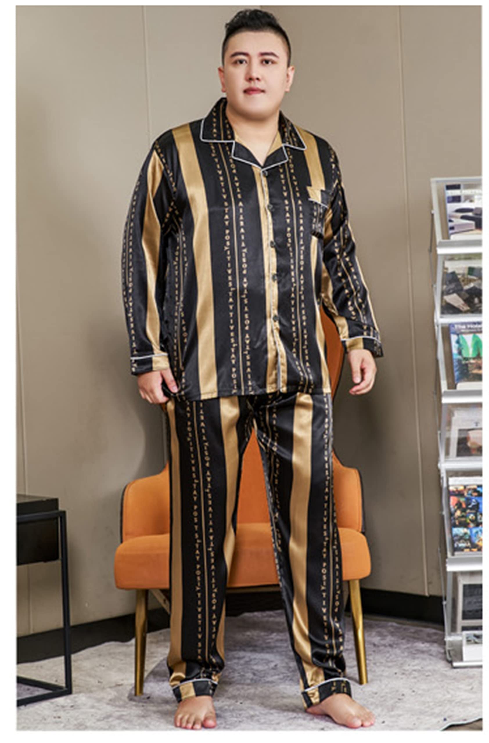 CYGE Pigiama da Uomo in Raso di Seta Imitazione Set 2 Pezzi Manica Lunga Plus Size Sleepwear Pjs Set 3XL-5XL