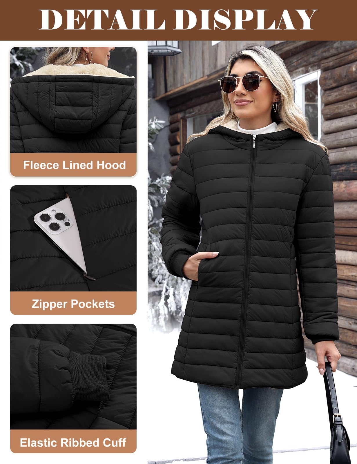 Tuopuda Manteau Femme Hiver Veste Polaire Chaud Parkas Blouson Zippée à Capuche mi Longue Coat Matelassée en Duvet Outercoat Slim Fit Casual Jacket avec Poches