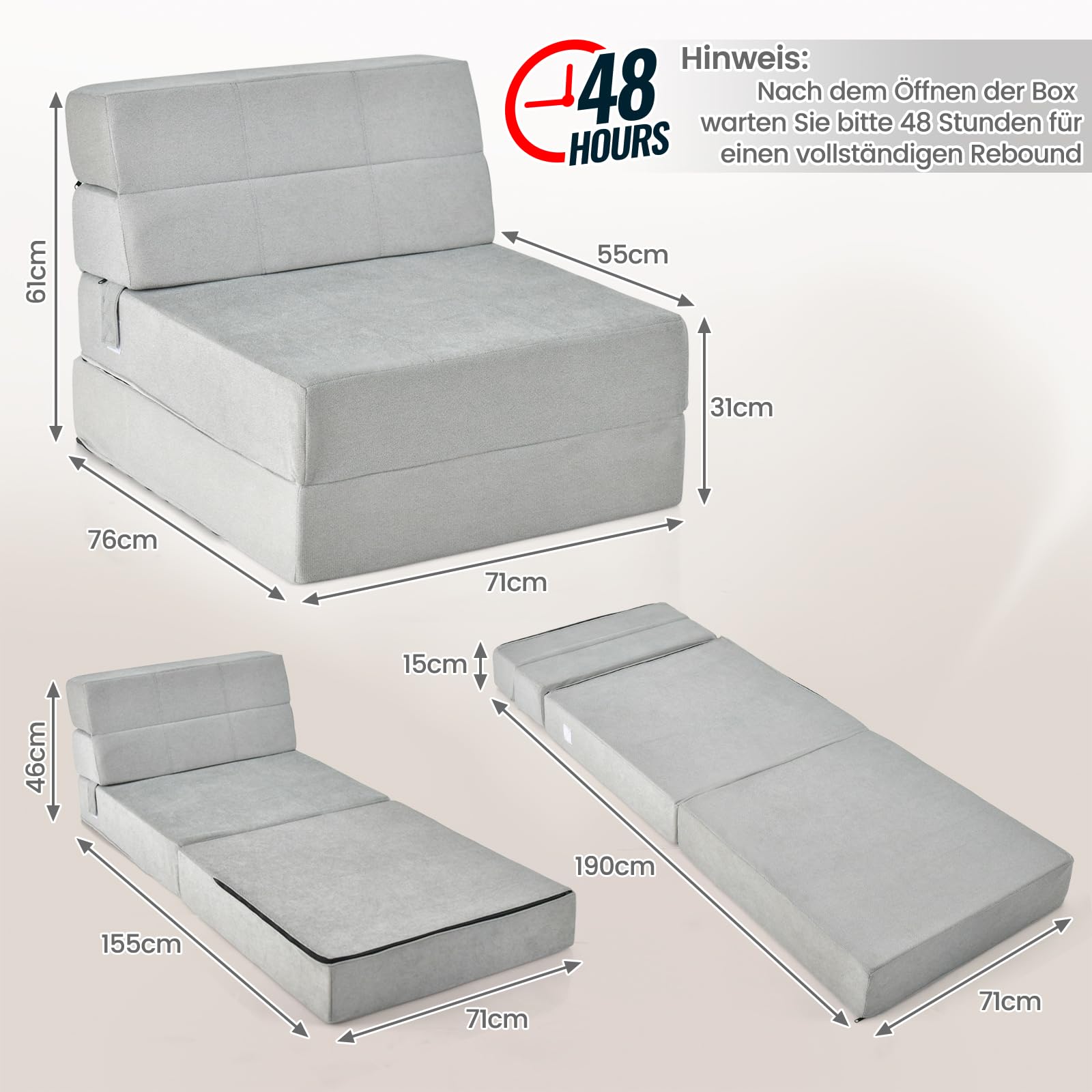 COSTWAY Składana sofa do spania 3 w 1, materac składany, pianka bardzo gruba (15 cm), sofa-łóżko, materac podłogowy, składany materac, materac dla gości ze zdejmowaną i nadającą się do prania poszewką