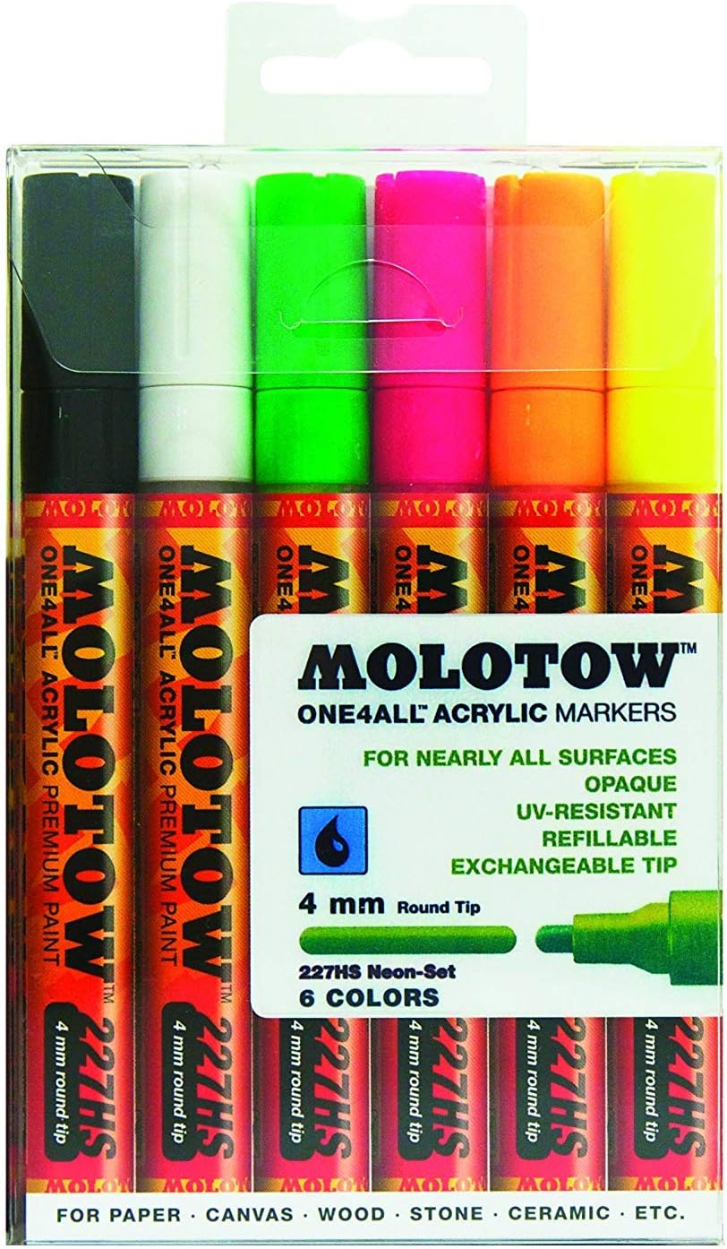 MOLOTOW ONE4ALL Acrylic Paint Marker Set, 6 Neon Colors, 4mm (200.166)