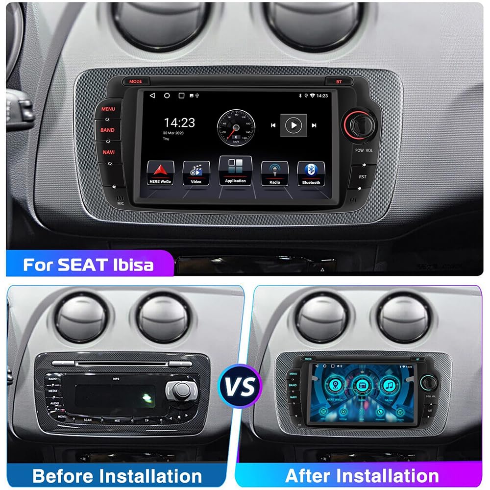 4 + 64 G Android 14 radio samochodowe 2 DIN do Seat Ibiza 2009-2013 Head Unit ekran Bluetooth, ekran dotykowy 7 cali z wyświetlaczem Carplay Android Radio Display GPS, nawigacja kamera cofania FM/RDS