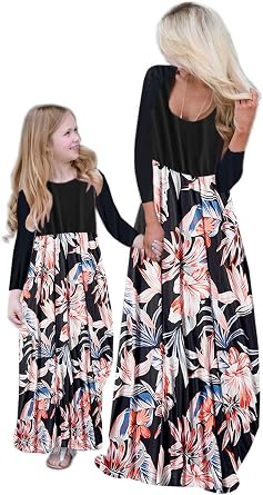 Mommy and Me Dresses Floral Print Stitching Maxi Dress Family Matching Sleeveless Long Boho Sundress