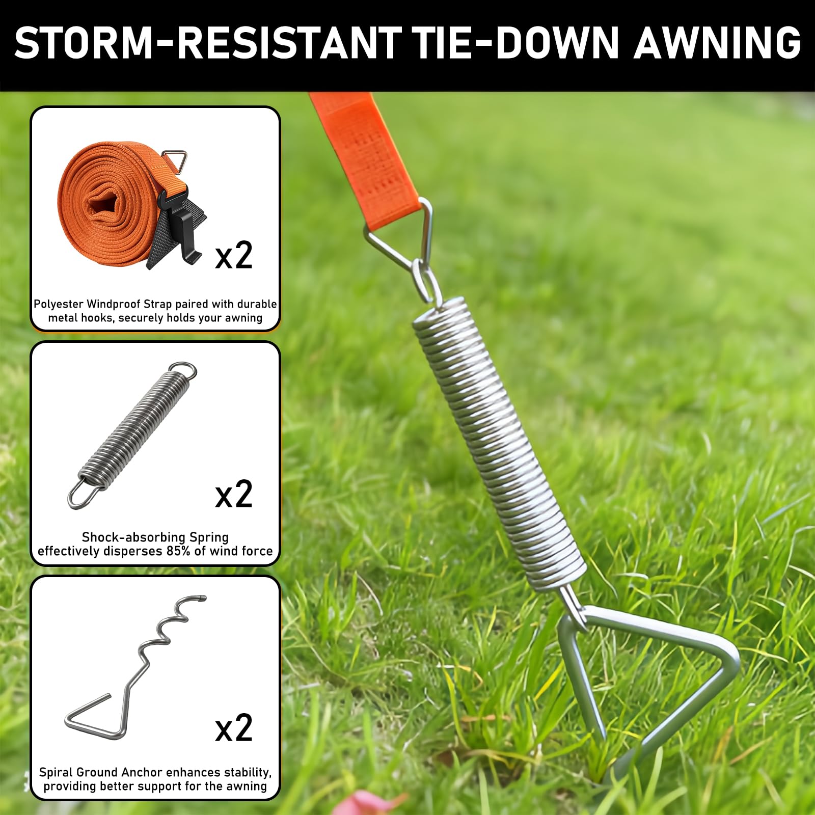 Awning Tie Down Kit for Motorhomes & Caravans, Universal Awning Storm Strap Kit with Adjustable Polyester Straps + Ground Anchors + Tension Springs + Storage Bag (Orange) — view 2